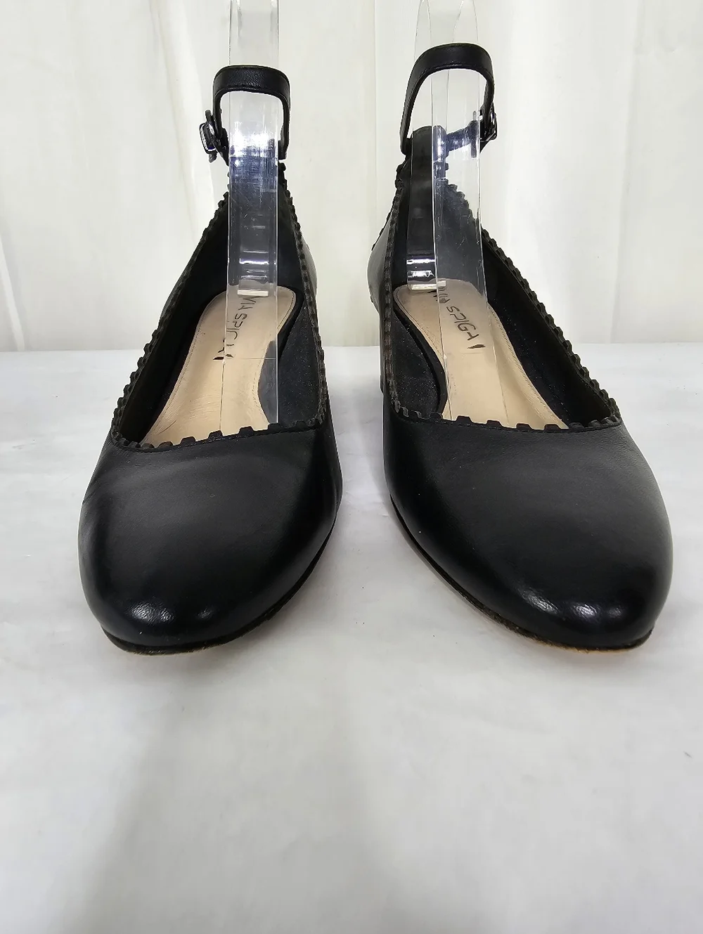 Via Spiga Dionne Black Leather Scalloped Block Heel Ankle Strap Pumps 6.5